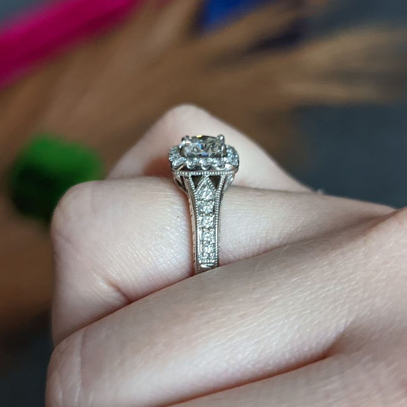 Contemporary 1.57 CTW Diamond 14 Karat White Gold Square Halo Engagement Ring GIA Wilson's Estate Jewelry