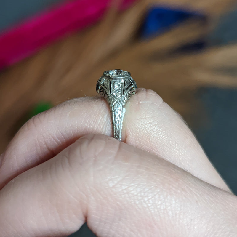 1920's Art Deco 0.40 CTW Diamond Platinum Octagonal Starburst Engagement Ring Wilson's Estate Jewelry
