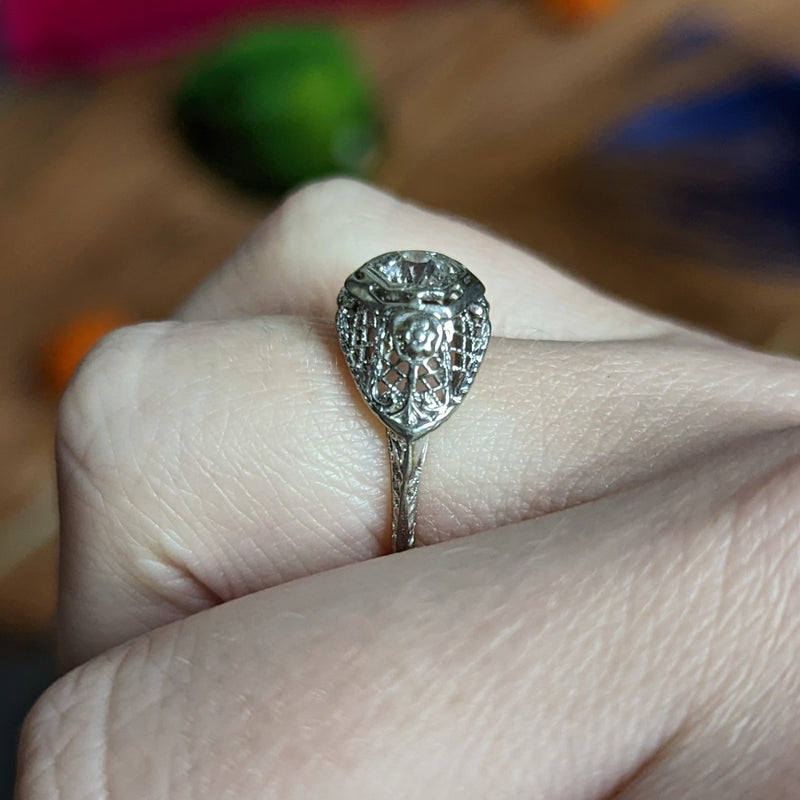 Art Deco 0.30 CTW Diamond 18 Karat White Gold Trellis Engagement Ring Wilson's Estate Jewelry