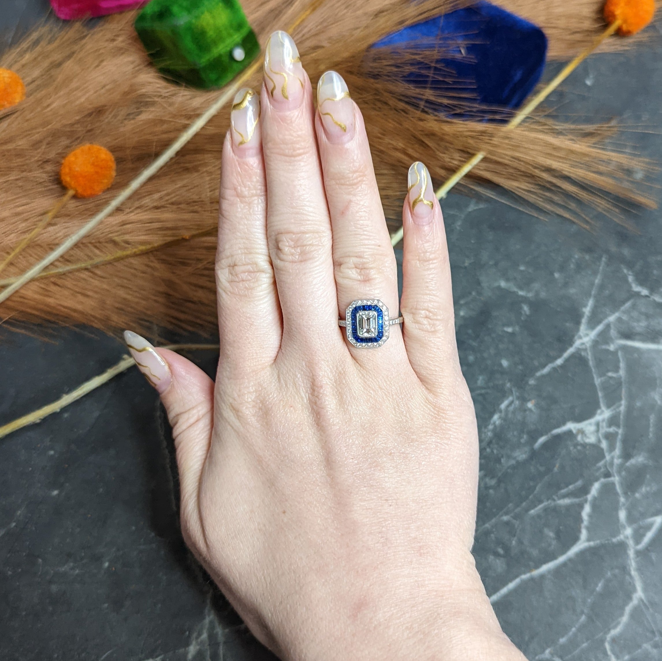 Vintage 2.20 CTW Emerald Cut Diamond Sapphire Platinum Halo Engagement Ring Wilson's Estate Jewelry