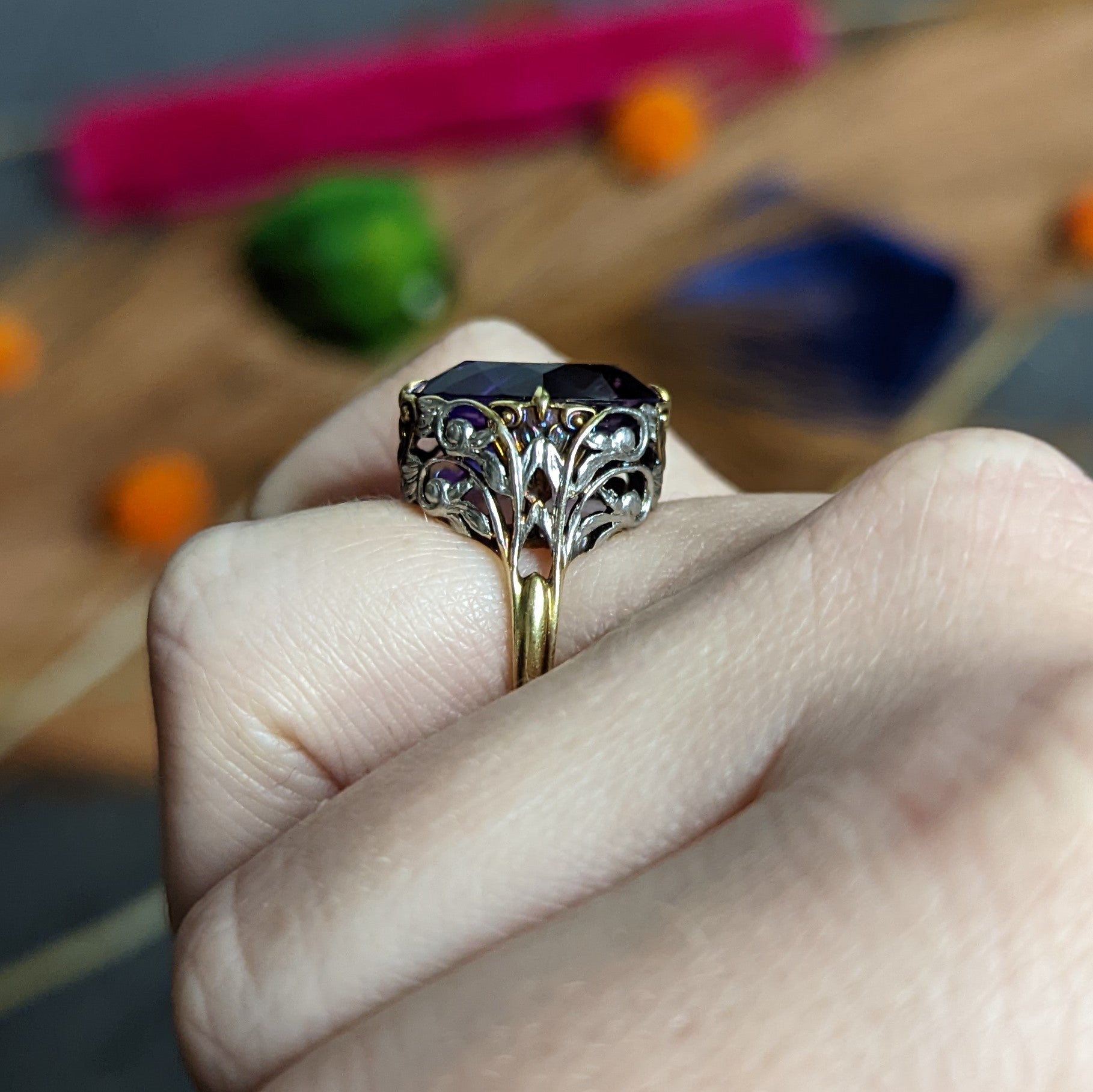 Allsopp-Steller Amethyst 14 Karat Two-Tone Gold Scrolled Foliate Ring Wilson's Estate Jewelry