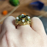 Arts & Crafts Tourmaline Pearl 18 Karat Gold Foliate Cluster Ring Wilson's Estate Jewelry