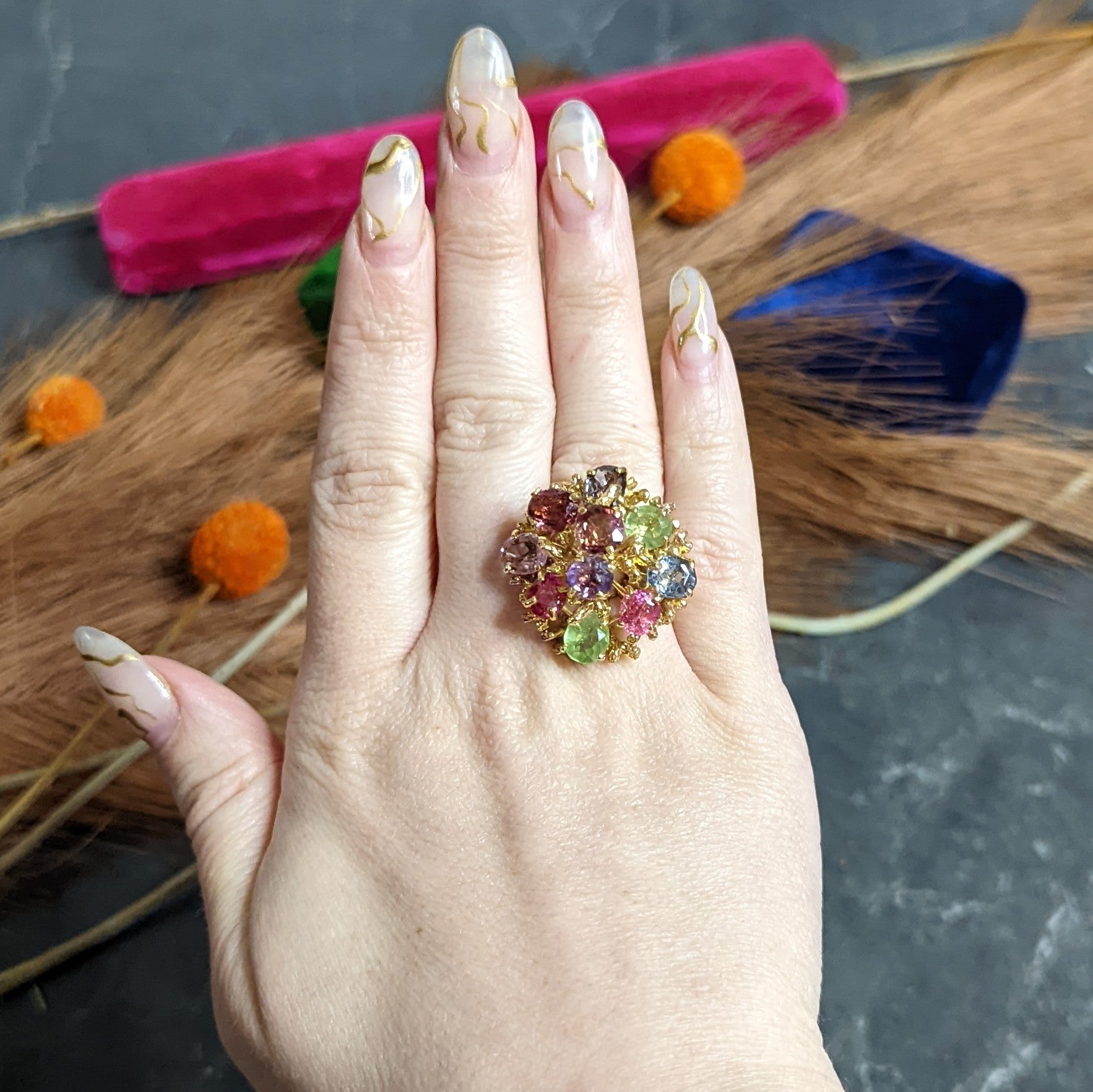 1970's Multi-Gem Spinel Peridot 14 Karat Gold Branching Cluster Ring Wilson's Estate Jewelry