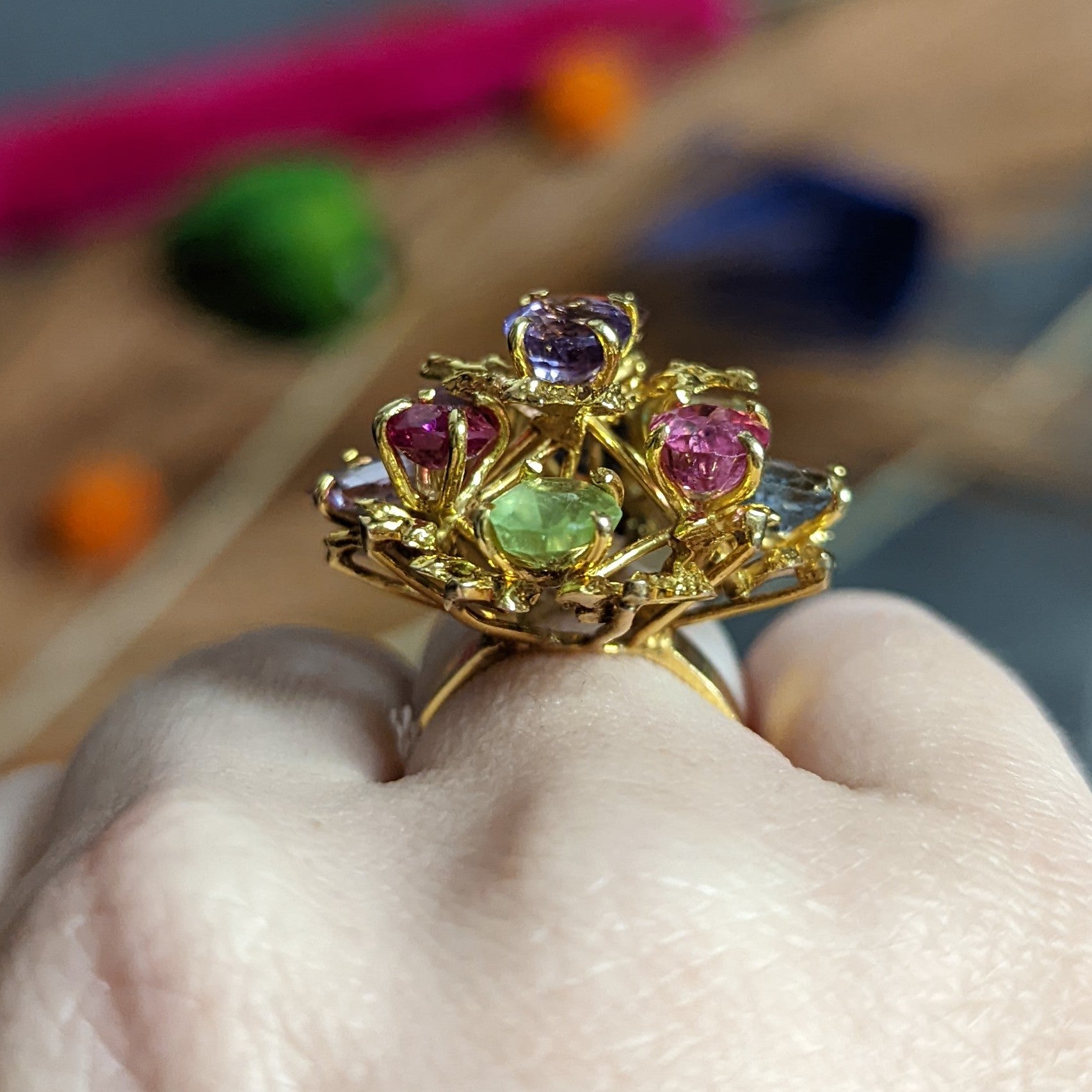 1970's Multi-Gem Spinel Peridot 14 Karat Gold Branching Cluster Ring Wilson's Estate Jewelry