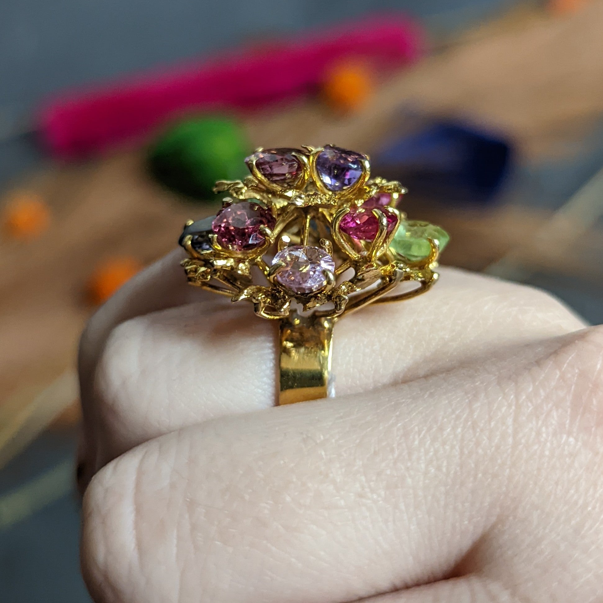 1970's Multi-Gem Spinel Peridot 14 Karat Gold Branching Cluster Ring Wilson's Estate Jewelry