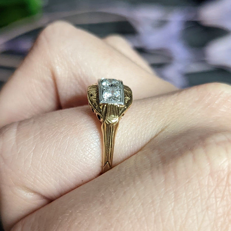 Early Art Deco 0.65 CTW Diamond Platinum-Topped 14 Karat Gold Dinner Ring Wilson's Estate Jewelry