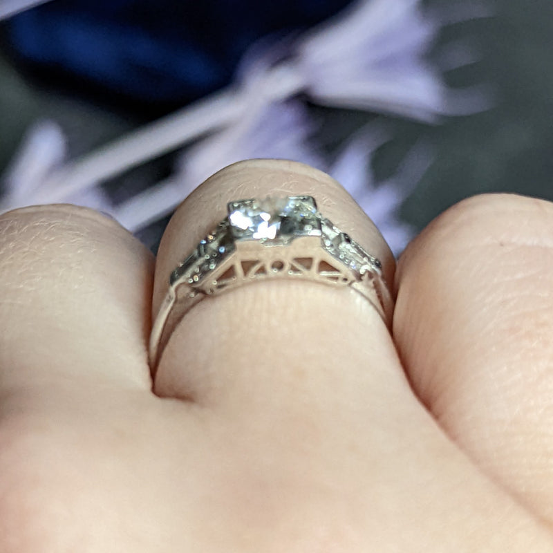 1950's Mid-Century 1.07 CTW Diamond Platinum Buckle Engagement Ring Wilson's Estate Jewelry