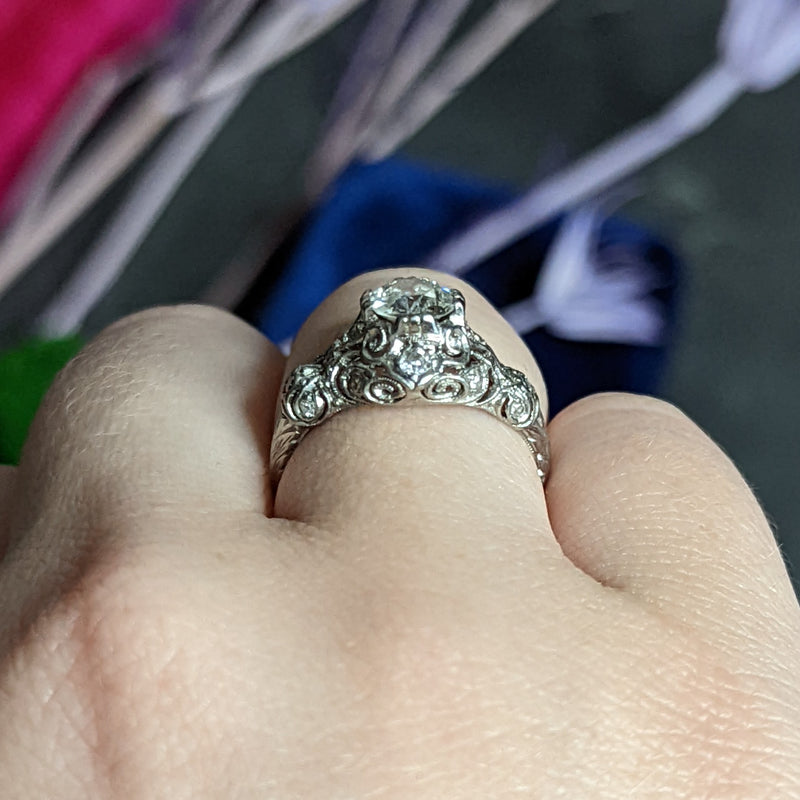 Wheeler & Co. Edwardian 1.05 CTW Diamond Platinum Scrolled Engagement Ring Wilson's Estate Jewelry