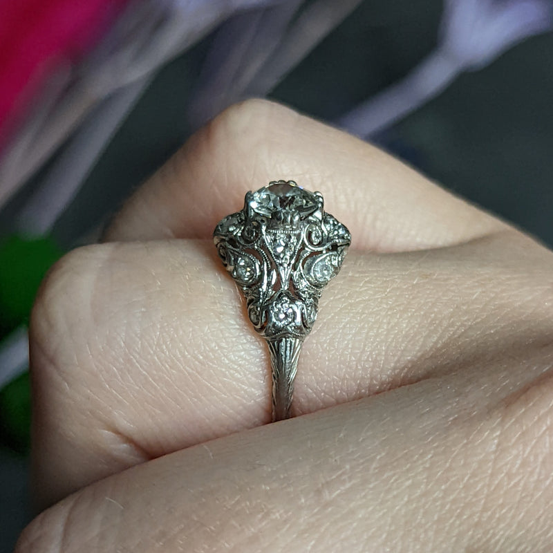 Wheeler & Co. Edwardian 1.05 CTW Diamond Platinum Scrolled Engagement Ring Wilson's Estate Jewelry