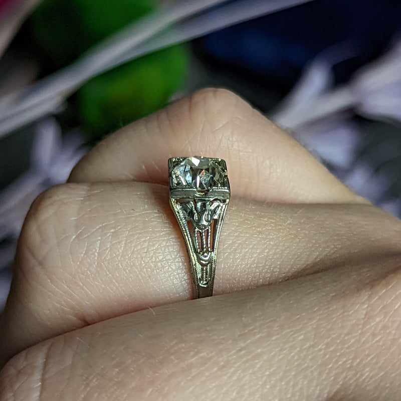 Art Deco 1.02 CTW Diamond 18 Karat White Gold Lotus Engagement Ring GIA Wilson's Estate Jewelry