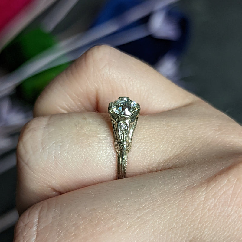 Art Deco 0.85 CTW Diamond 18 Karat White Gold Engagement Ring GIA Wilson's Estate Jewelry