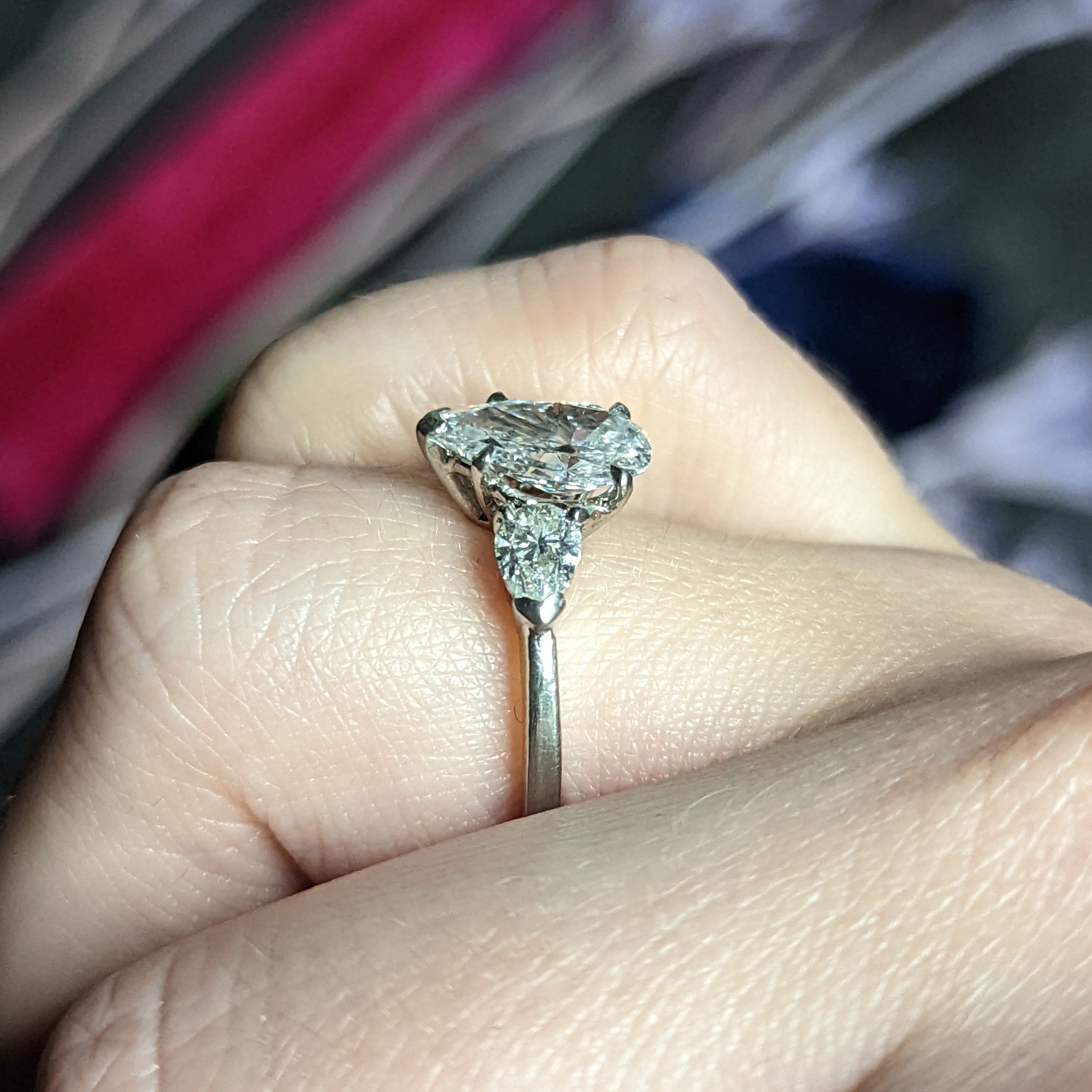 Cartier Mid-Century 2.06 CTW Diamond Platinum Pear Three Stone Engagement Ring Wilson's Estate Jewelry