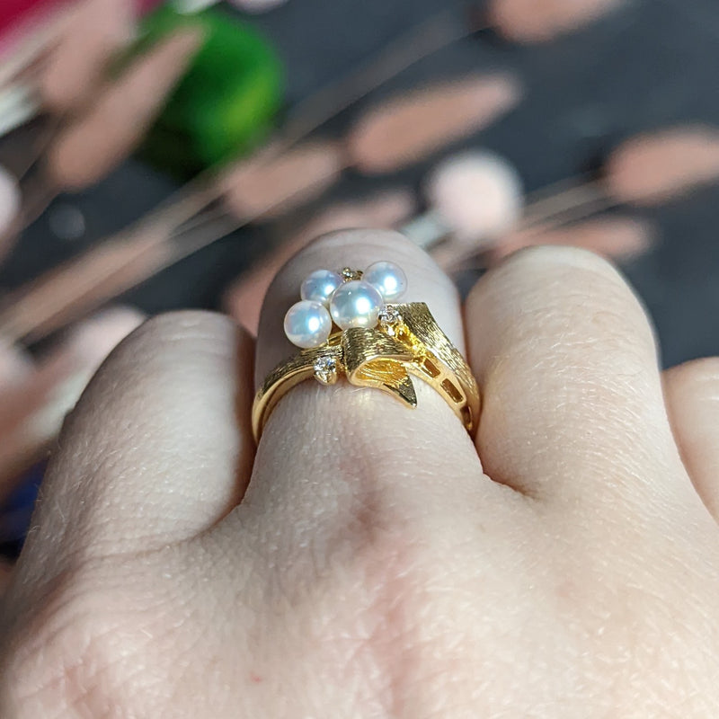 Mikimoto Diamond Pearl 18 Karat Gold Ribbon Ring Wilson's Estate Jewelry