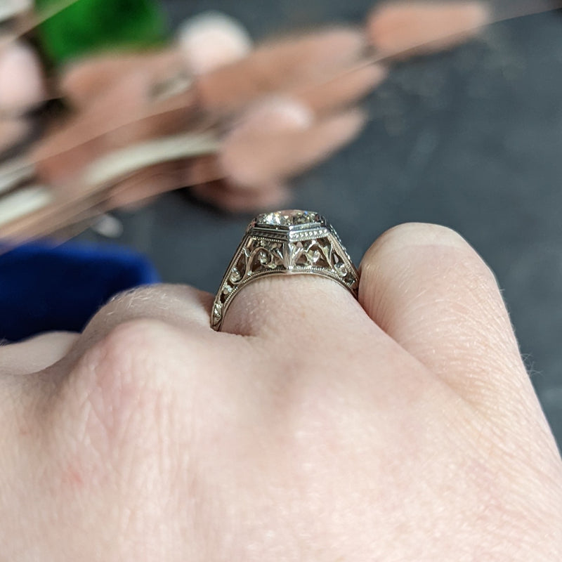 Art Deco 0.77 CTW Diamond 18 Karat Gold Foliate Engagement Ring Wilson's Estate Jewelry