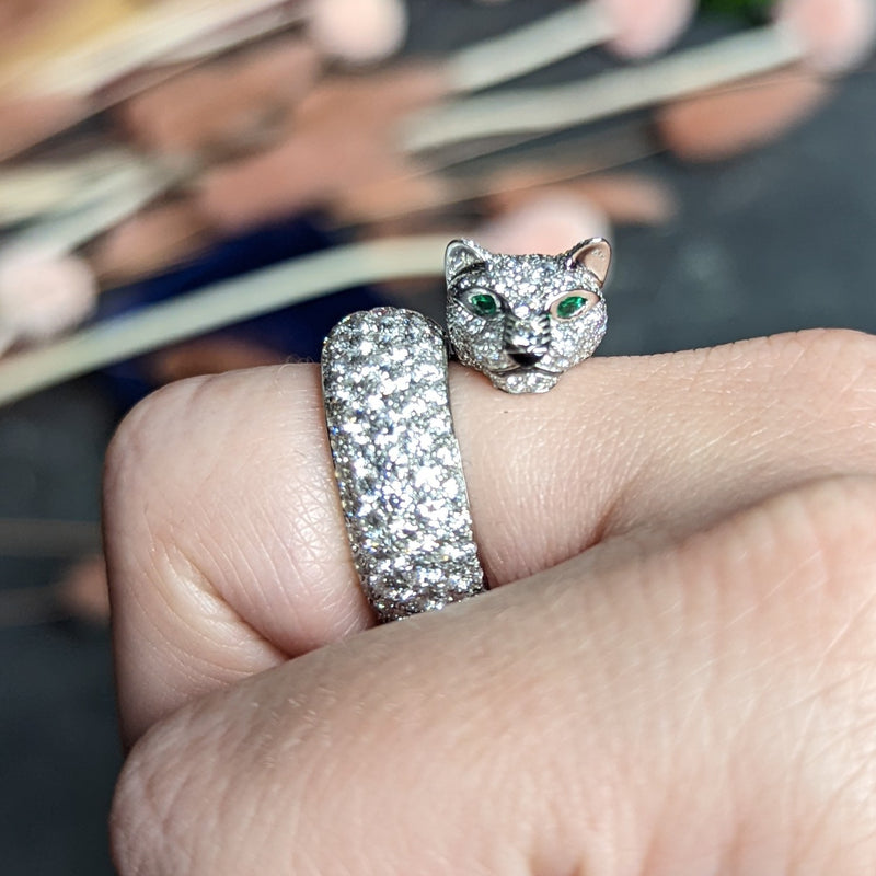 Cartier French 6.57 CTW Diamond Emerald 18 Karat White Gold Panthere Bypass Ring Wilson's Estate Jewelry