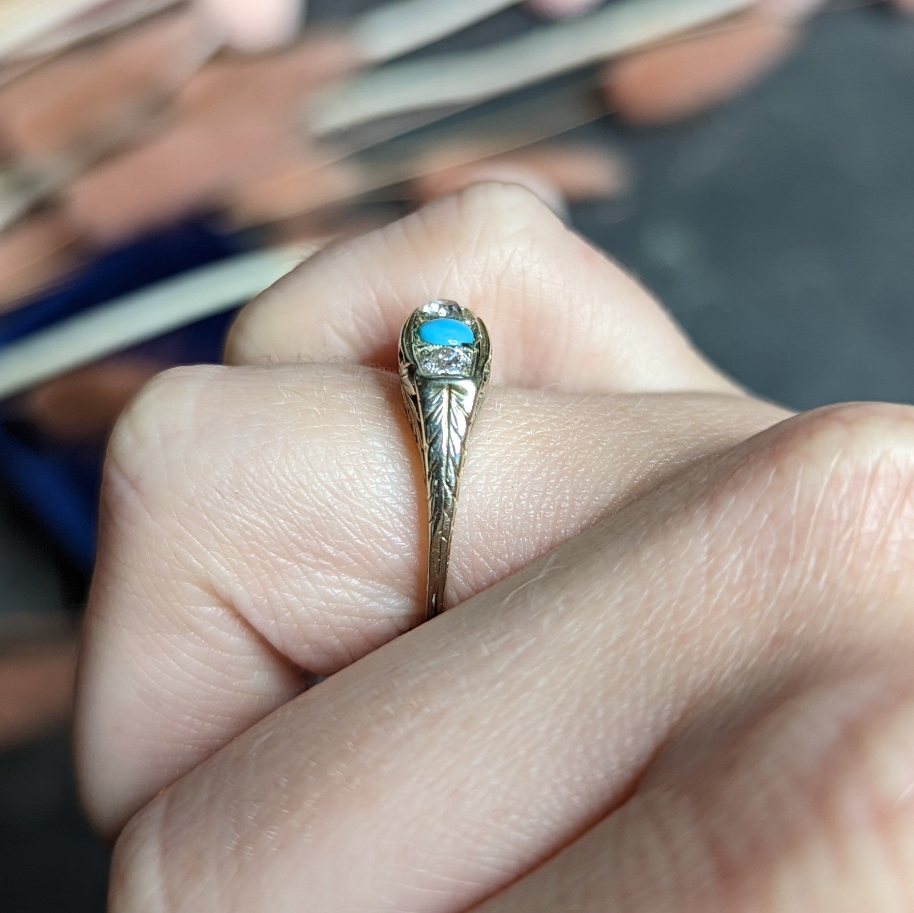 Art Deco Diamond Turquoise 14 Karat White Gold Three Stone Ring Wilson's Estate Jewelry