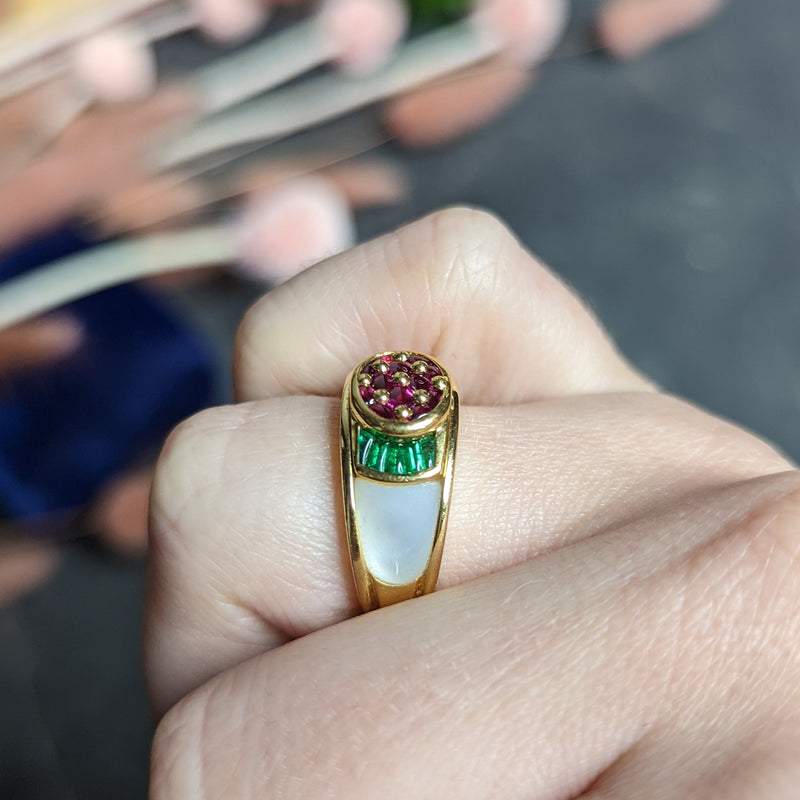 1990s Mauboussin Paris Ruby Emerald Mother-Of-Pearl 18 Karat Gold Band Ring Wilson's Estate Jewelry