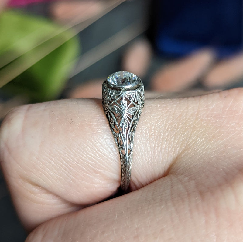Edwardian 0.80 CTW Diamond Platinum Scrolled Ivy Engagement Ring Wilson's Estate Jewelry