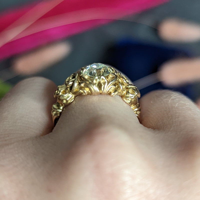 Vintage Austrian 1.02 Carat Diamond 14 Karat Yellow Gold Foliate Engagement Ring GIA Wilson's Estate Jewelry