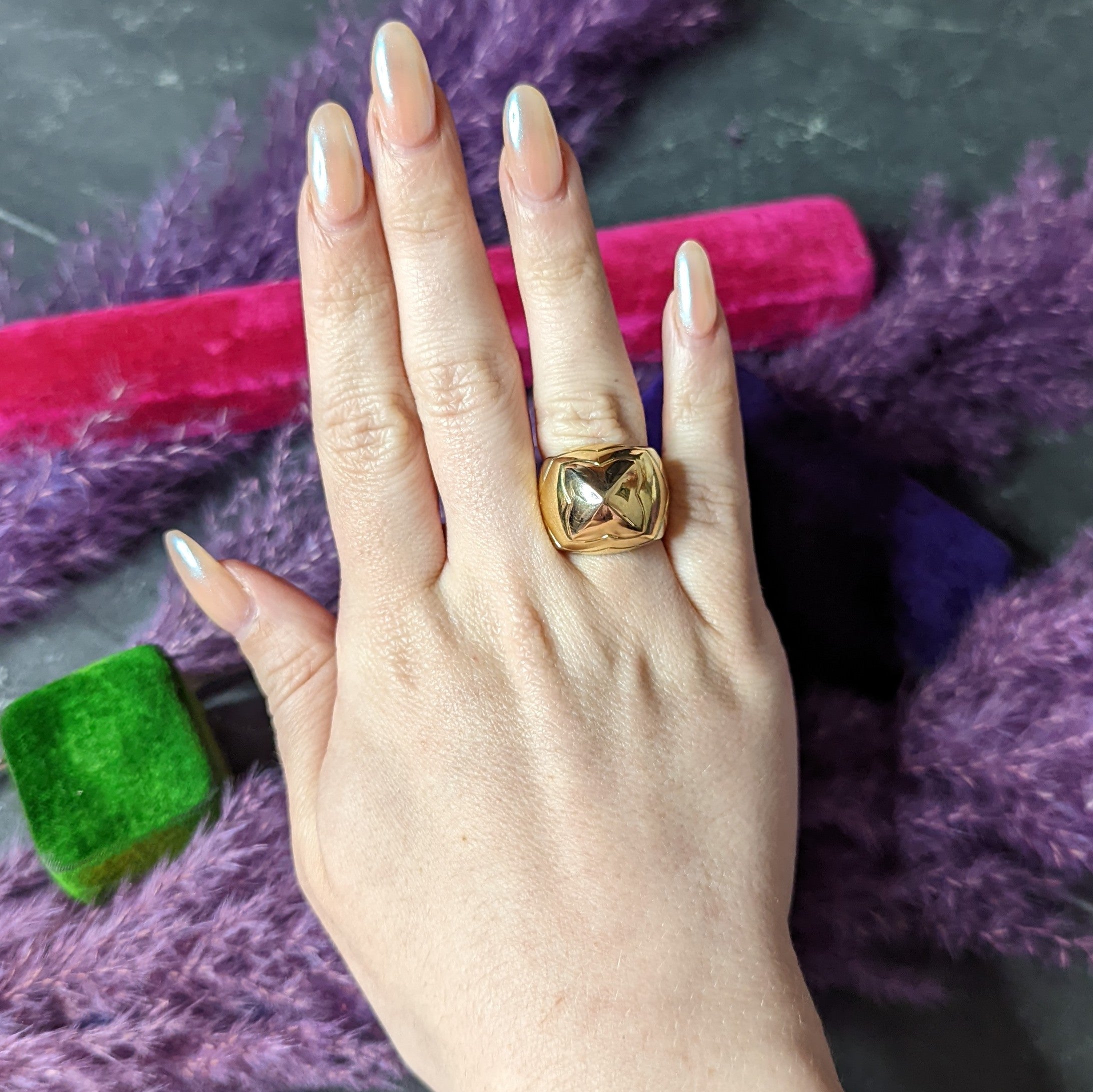Bulgari 18 Karat Tri-Colored Gold Pyramide Band Ring Wilson's Estate Jewelry