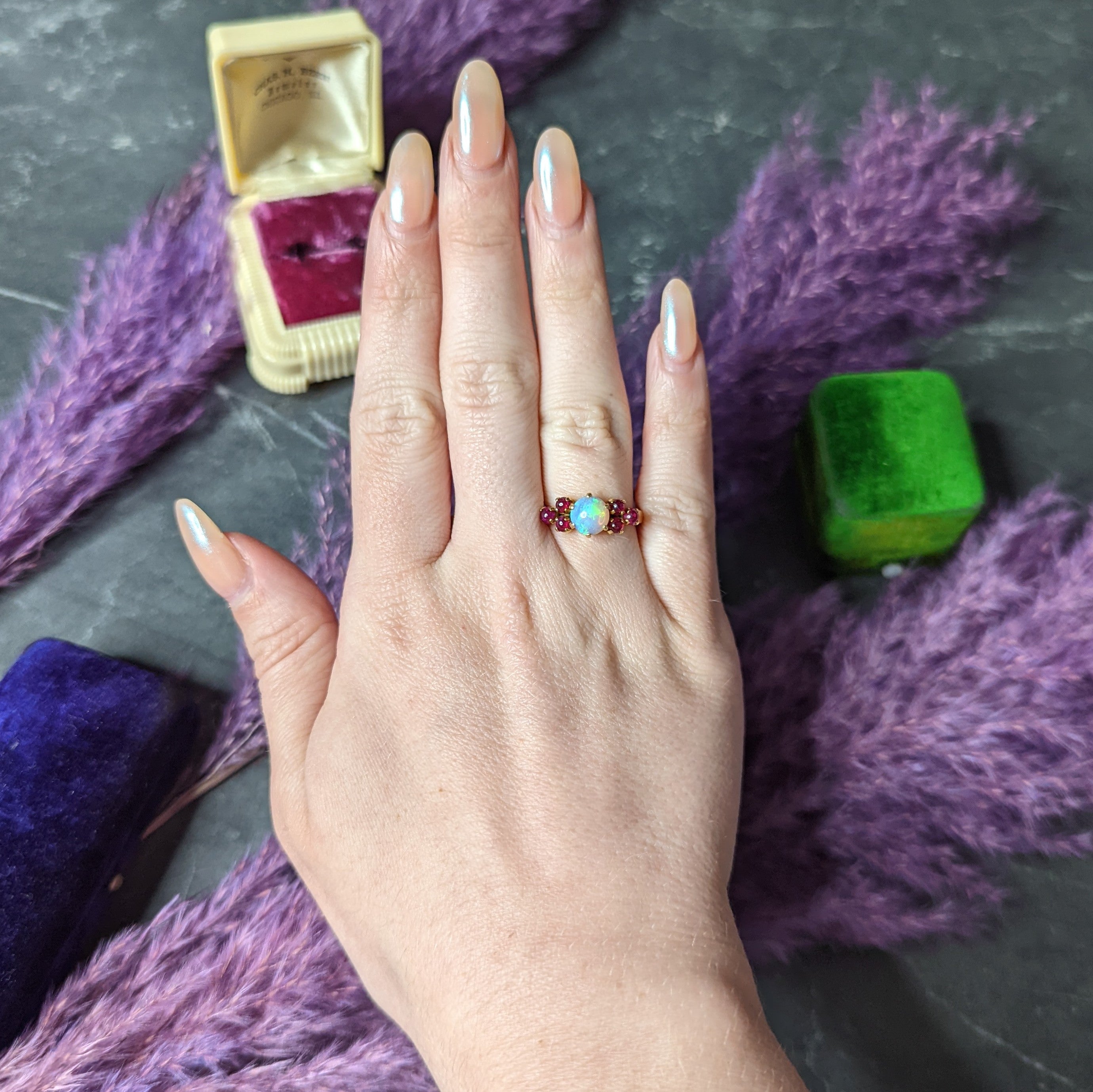 Retro Opal Ruby Cabochon 18 Karat Yellow Gold Gemstone Ring Wilson's Estate Jewelry
