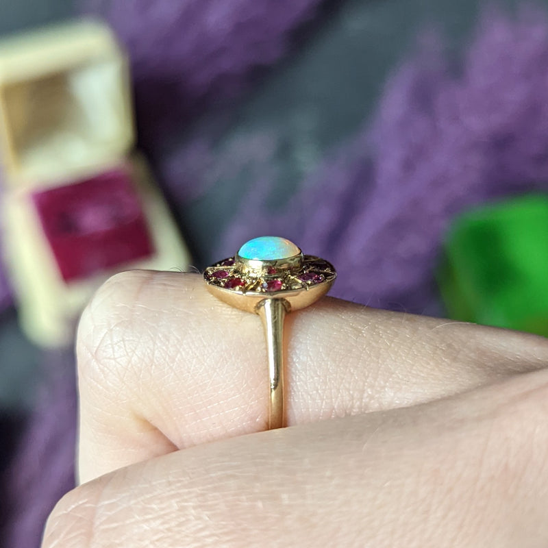1890's Antique Victorian Opal Ruby 18 Karat Gold Cluster Ring Wilson's Estate Jewelry