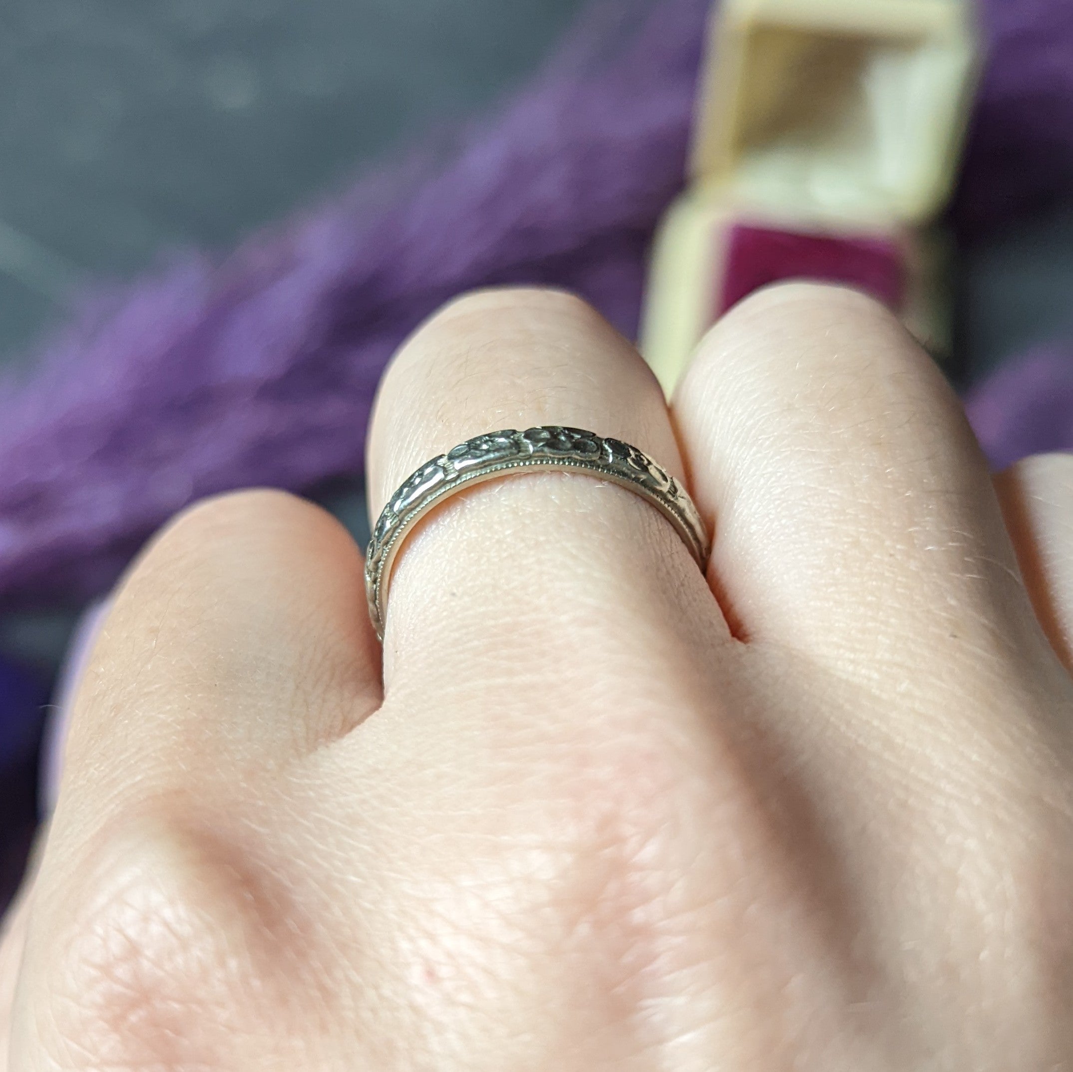Art Deco 18 Karat White Gold Orange Blossom Unisex Wedding Band Ring Wilson's Estate Jewelry