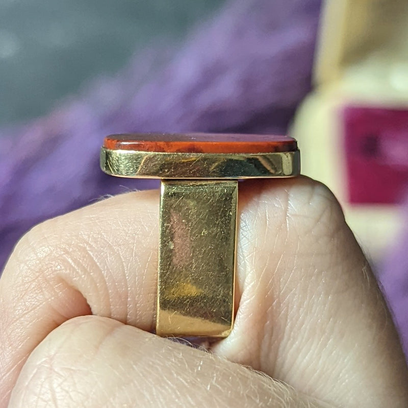1960's Modernist Red Jasper 14 Karat Yellow Gold Vintage Signet Ring Wilson's Estate Jewelry