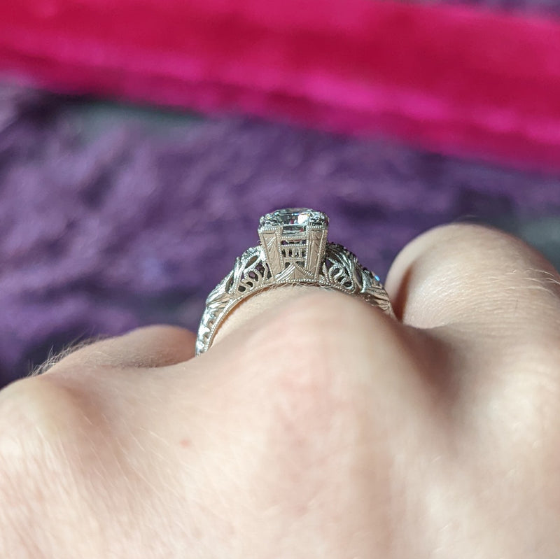 Art Deco Transitional Cut 0.92 CTW Diamond Platinum Square Form Ornate Engagement Ring Wilson's Estate Jewelry