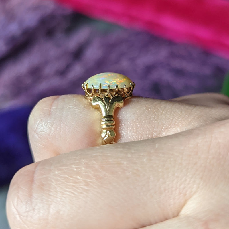 Victorian Opal 14 Karat Yellow Gold Lotus Gemstone Antique Ring Wilson's Estate Jewelry