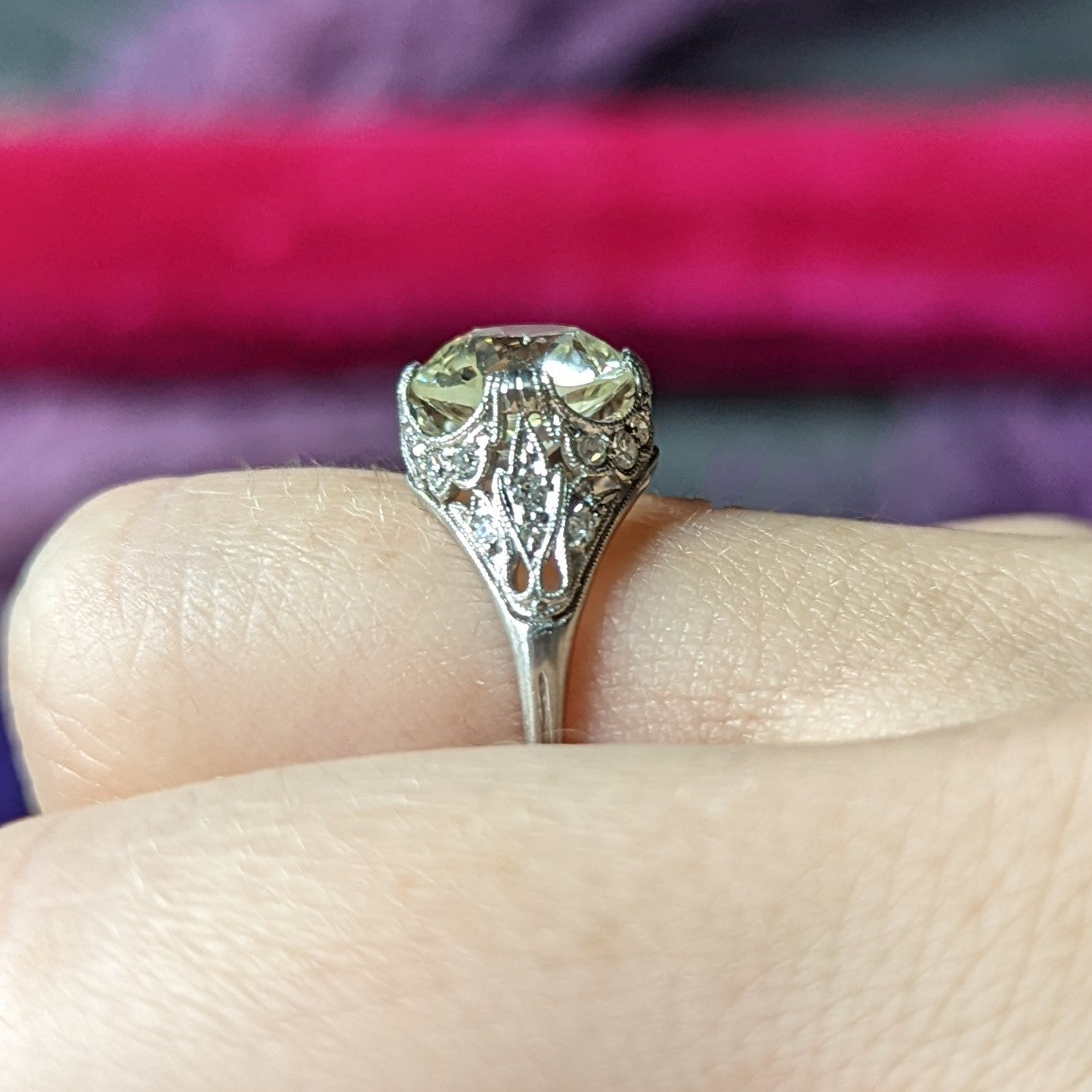 Edwardian 3.36 CTW Old European Cut Diamond Platinum Foliate Engagement Ring GIA Wilson's Estate Jewelry