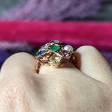 1880's Victorian Pearl 3.95 CTW Fancy Colored Sapphire Ruby Emerald 18 Karat Yellow Gold Antique Cluster Ring Wilson's Estate Jewelry