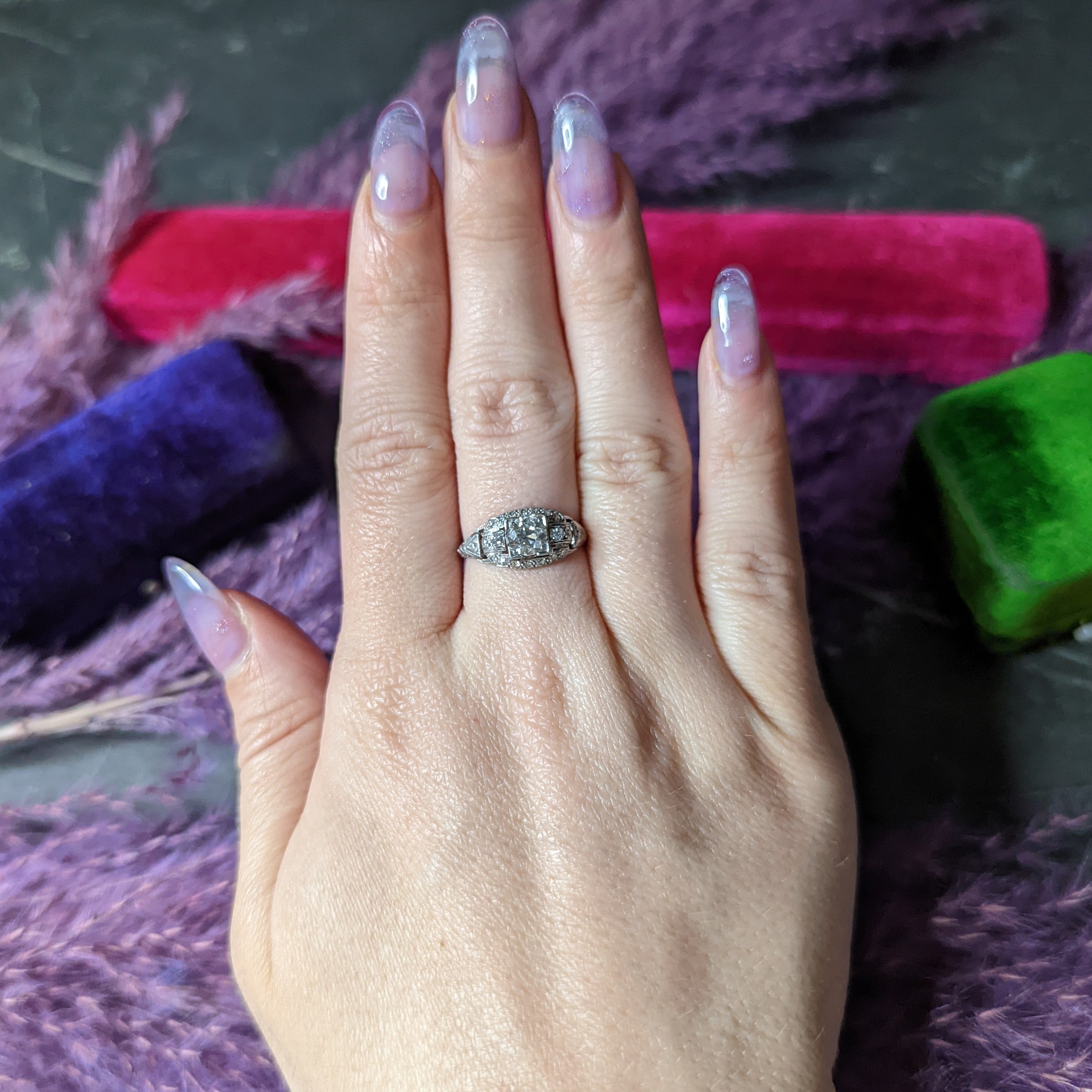 Katz & Ogush Art Deco 0.80 CTW Diamond Platinum Buckle Engagement Ring Wilson's Estate Jewelry