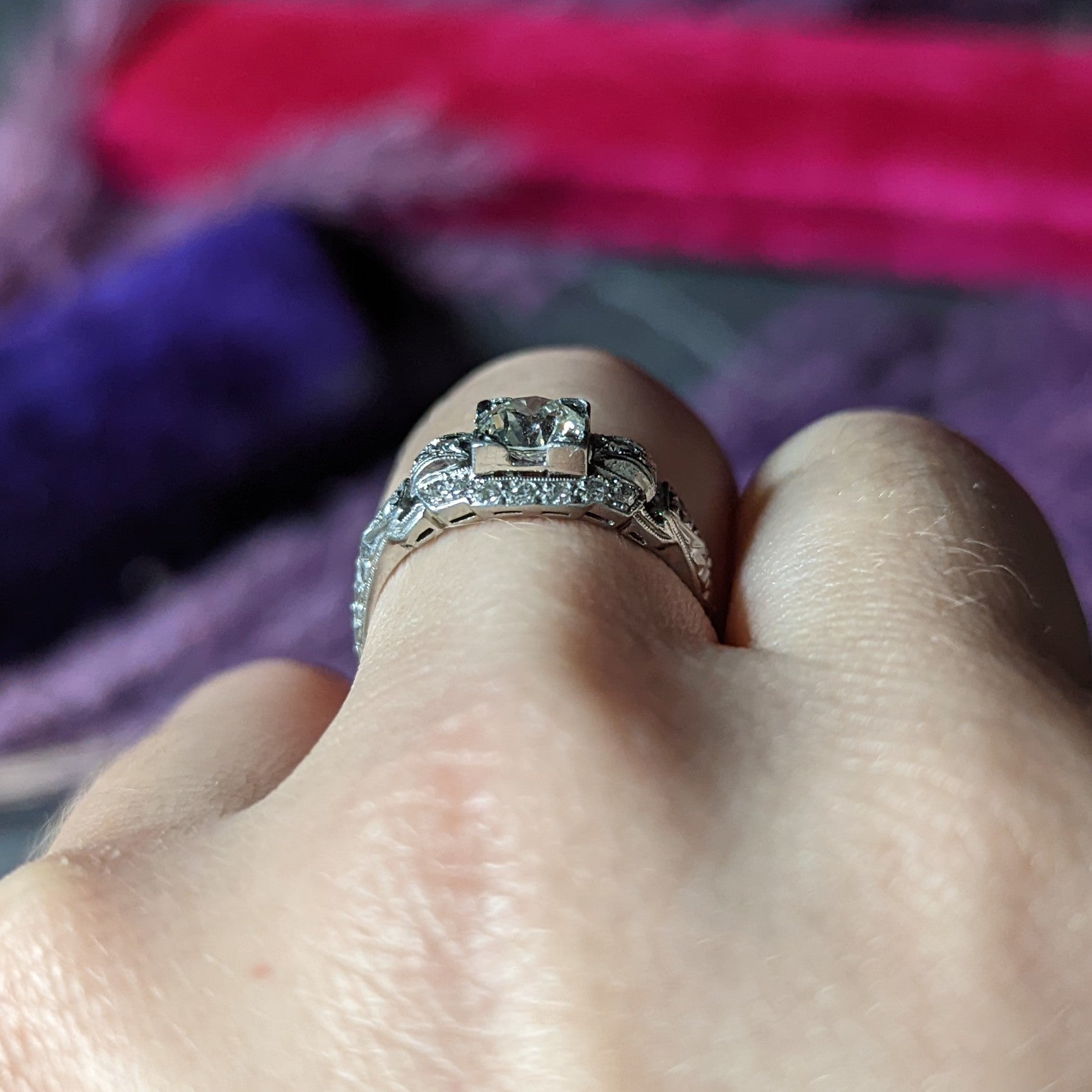 Katz & Ogush Art Deco 0.80 CTW Diamond Platinum Buckle Engagement Ring Wilson's Estate Jewelry