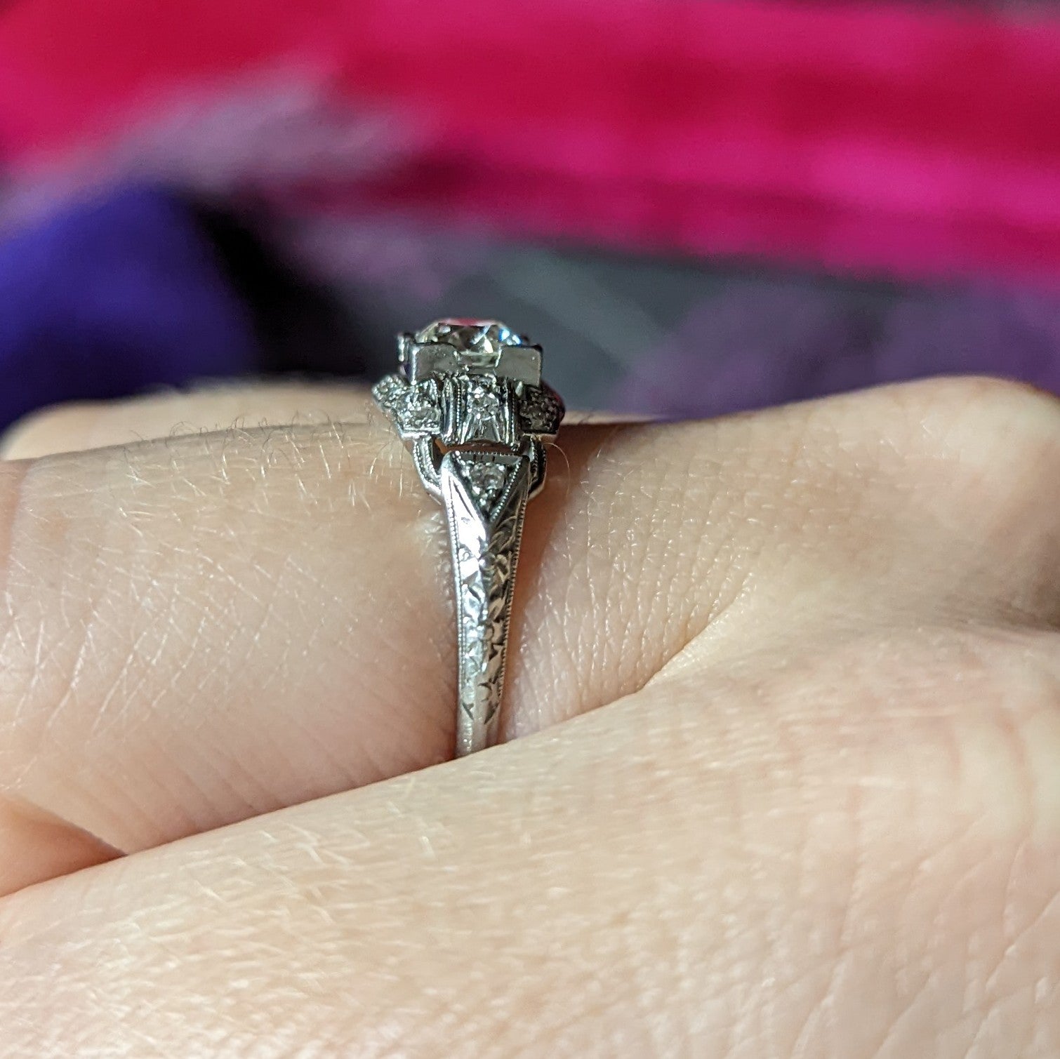 Katz & Ogush Art Deco 0.80 CTW Diamond Platinum Buckle Engagement Ring Wilson's Estate Jewelry