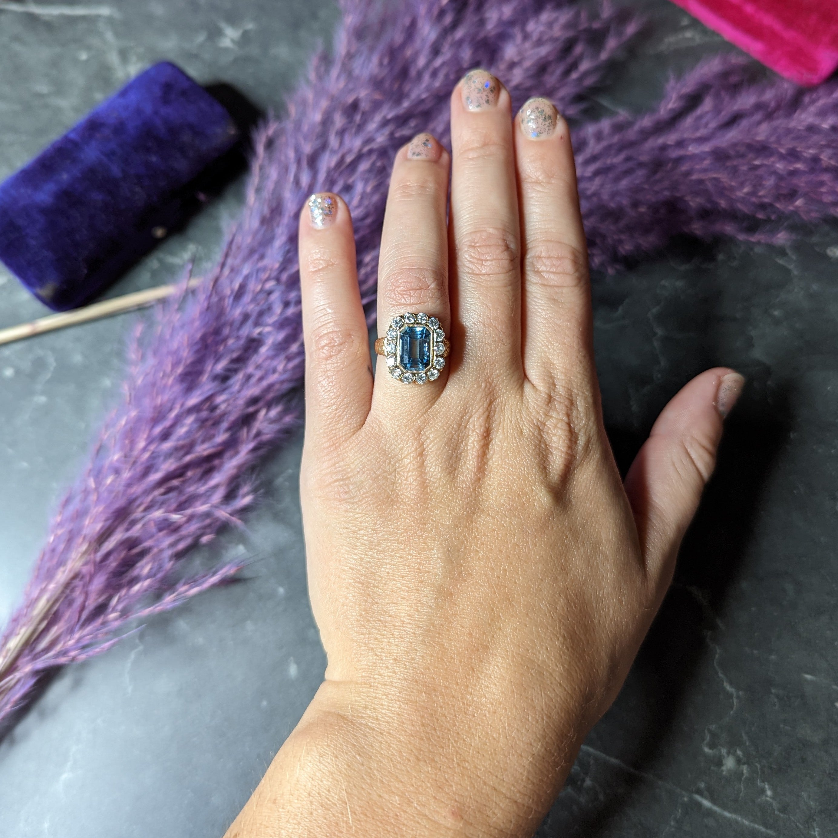 Retro 4.92 CTW Aquamarine Old European Cut Diamond 14 Karat Yellow Gold Halo Cluster Ring Wilson's Estate Jewelry