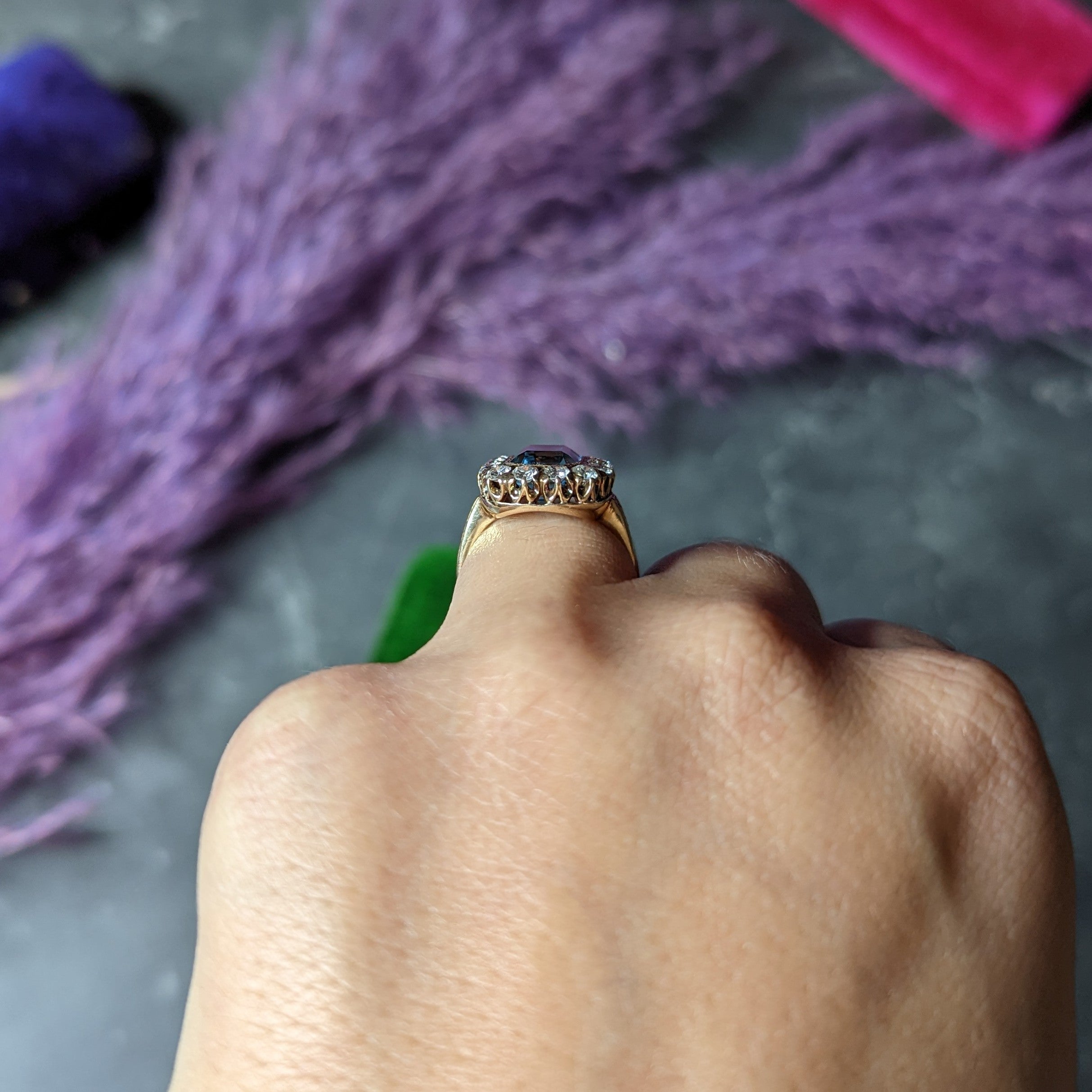 Retro 4.92 CTW Aquamarine Old European Cut Diamond 14 Karat Yellow Gold Halo Cluster Ring Wilson's Estate Jewelry