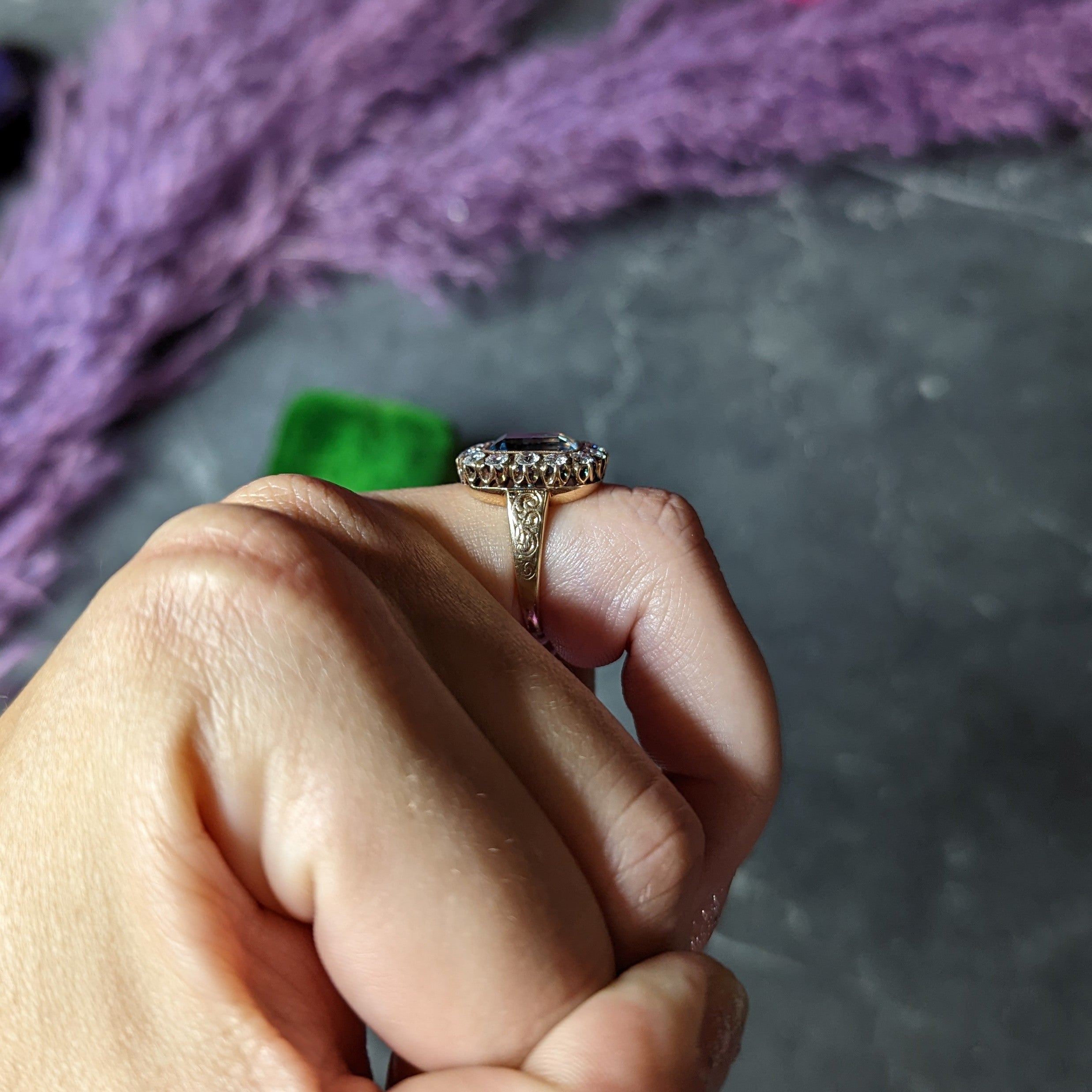 Retro 4.92 CTW Aquamarine Old European Cut Diamond 14 Karat Yellow Gold Halo Cluster Ring Wilson's Estate Jewelry