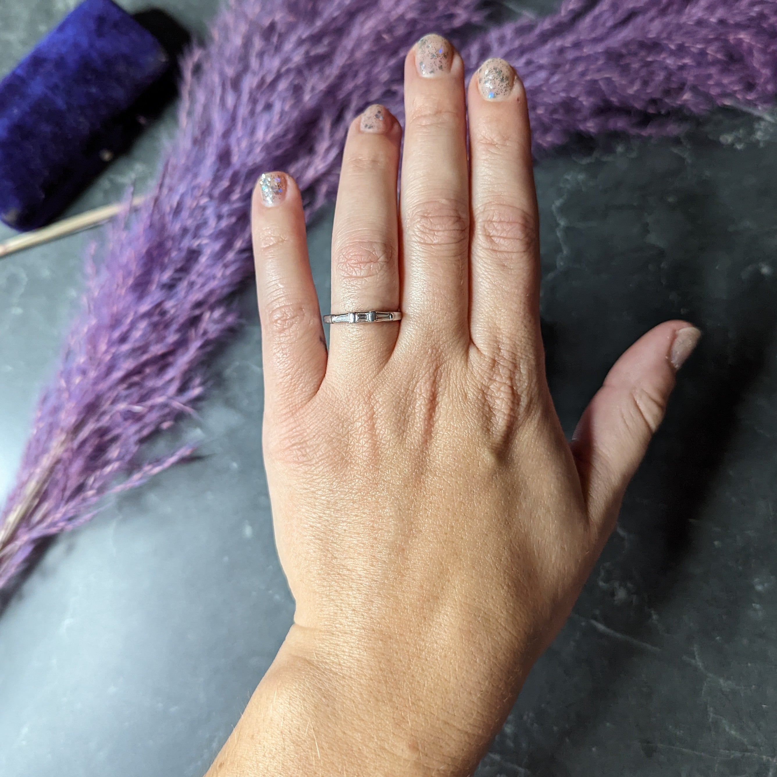 Mid-Century 0.31 CTW Baguette Diamond Platinum Three Stone Wedding Band Ring Wilson's Estate Jewelry