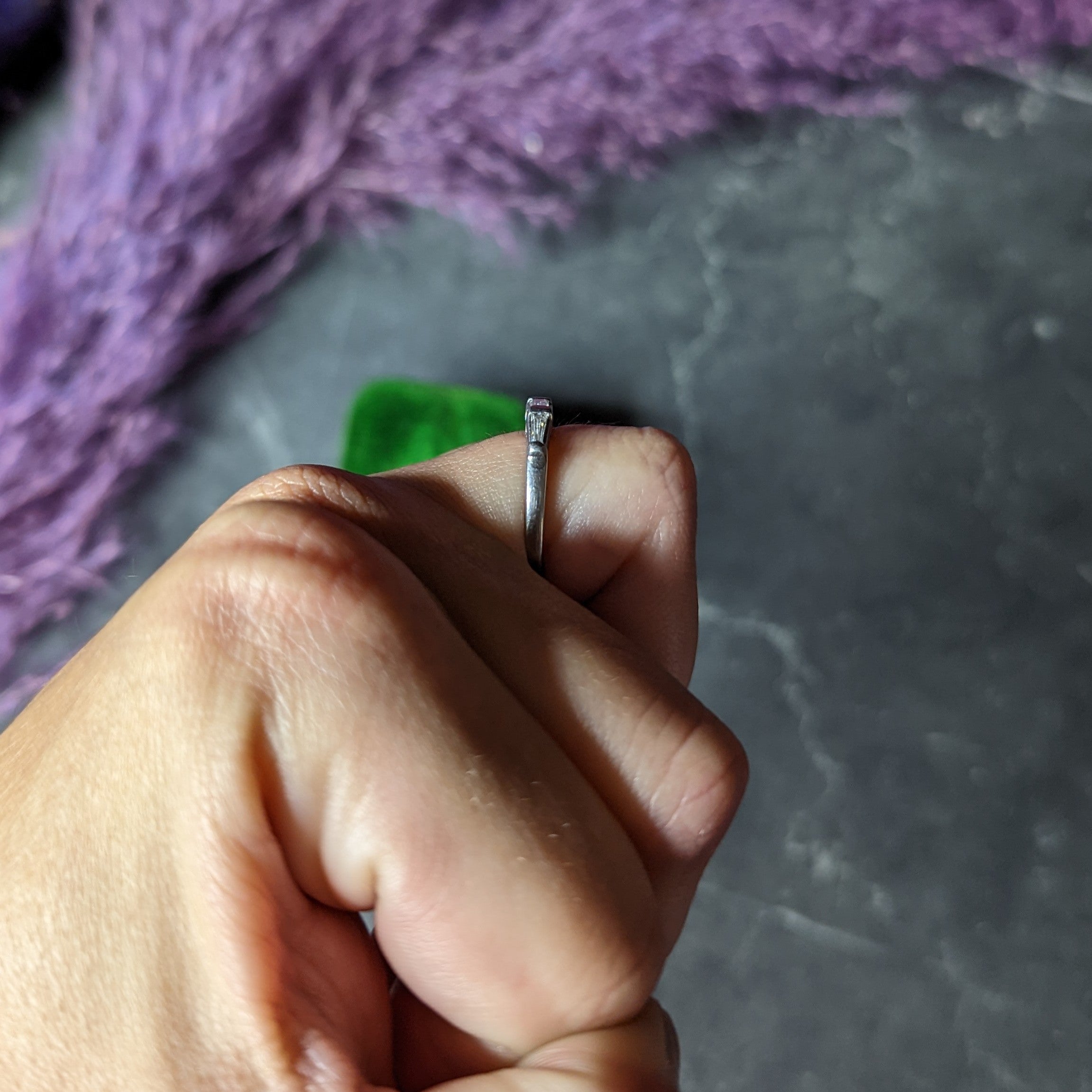 Mid-Century 0.31 CTW Baguette Diamond Platinum Three Stone Wedding Band Ring Wilson's Estate Jewelry