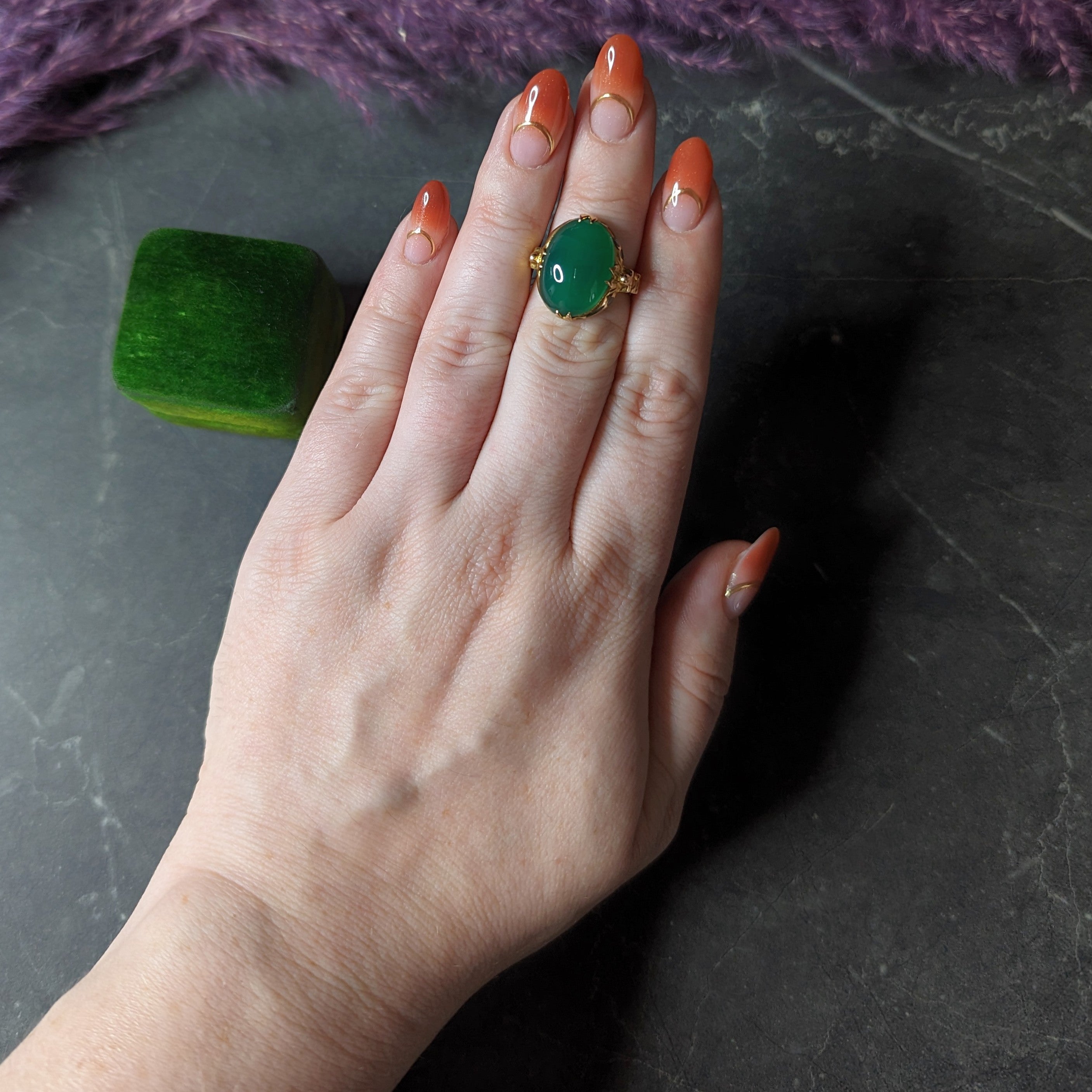 Felger Art Deco Chrysoprase Enamel 14 Karat Yellow Gold Buddha Lotus Ring Wilson's Estate Jewelry