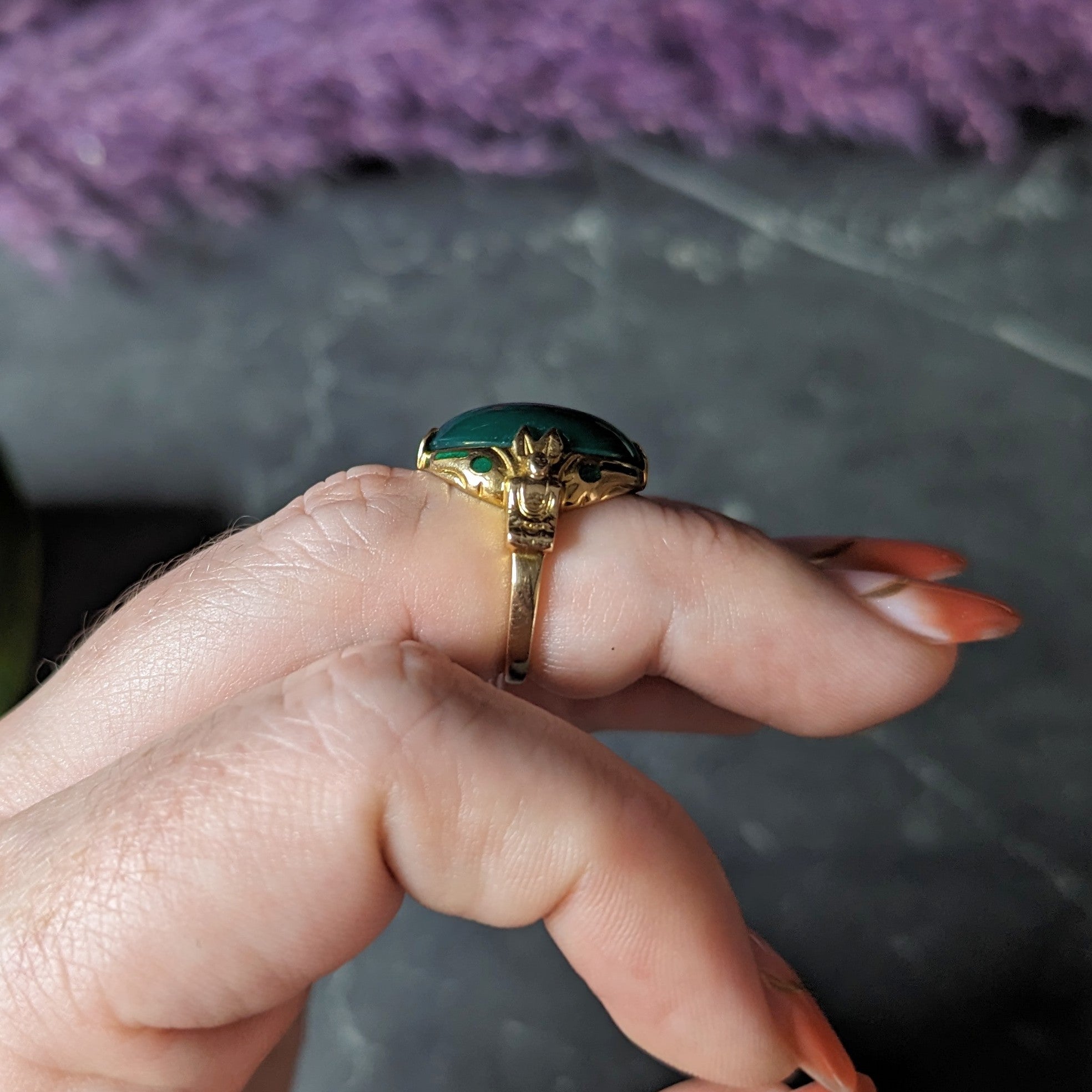 Felger Art Deco Chrysoprase Enamel 14 Karat Yellow Gold Buddha Lotus Ring Wilson's Estate Jewelry