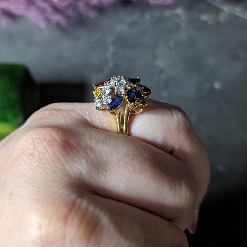 Lab Ruby Sapphire Emerald Three stone ring 14kt – Avis Diamond Galleries