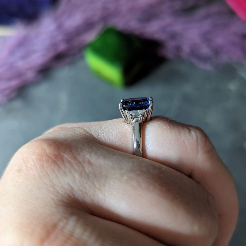 Blue Sapphire Half Moon Diamond 14 Karat White Gold Three-Stone Vintage Ring Wilson's Estate Jewelry