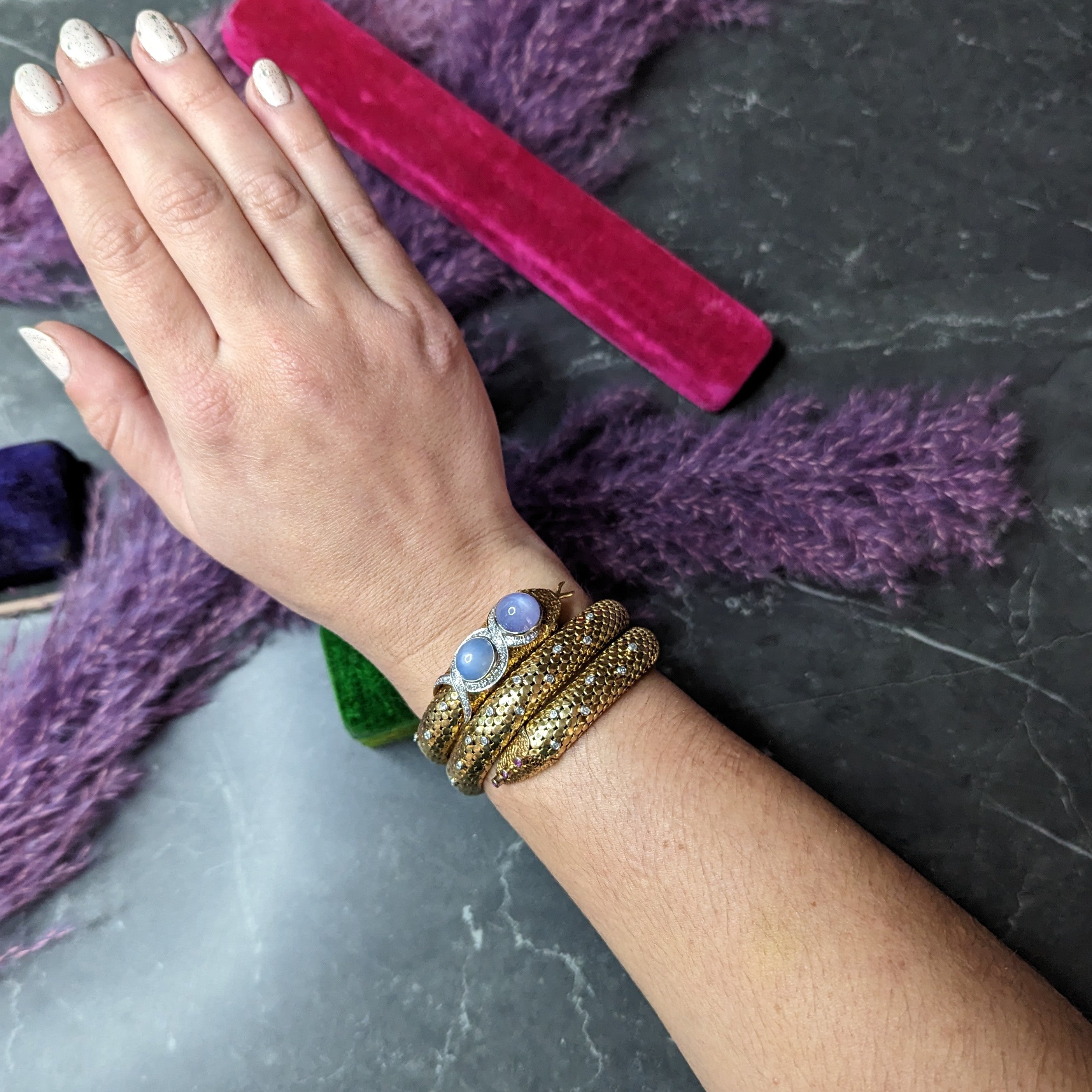 Mid-Century Star Sapphire Ruby Diamond Platinum 14 Karat Yellow Gold Snake Vintage Wrap Bracelet Wilson's Estate Jewelry