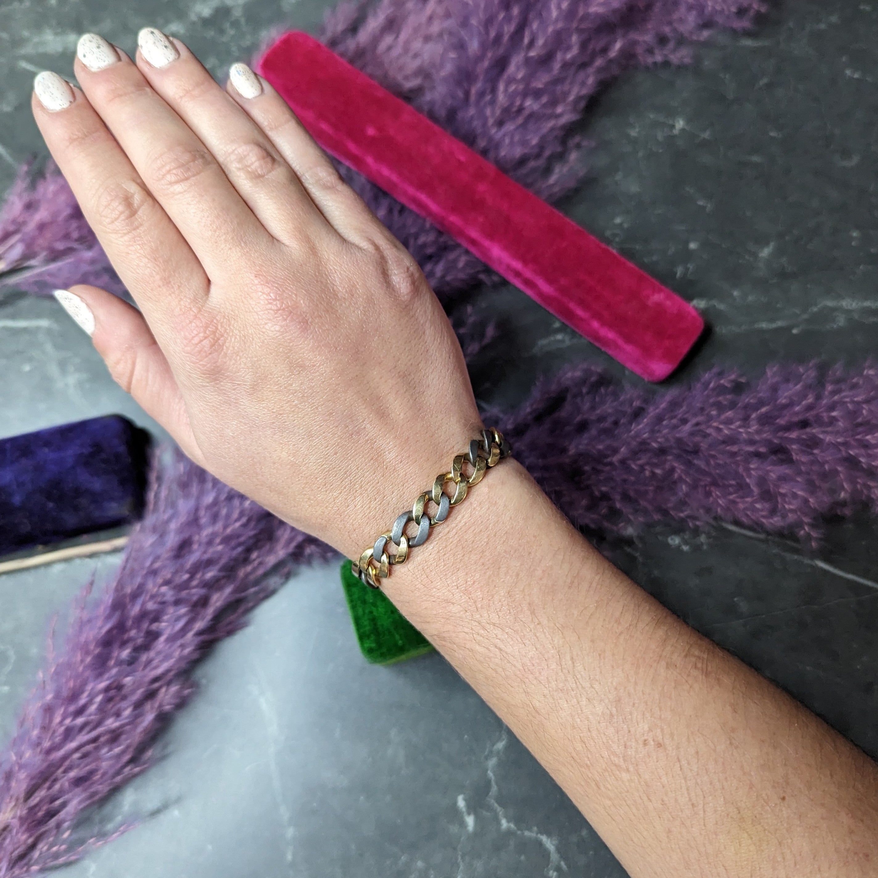 Bulgari 18 Karat Yellow Gold Steel Two-Tone Curb Link Chain Vintage Unisex Bracelet Wilson's Estate Jewelry