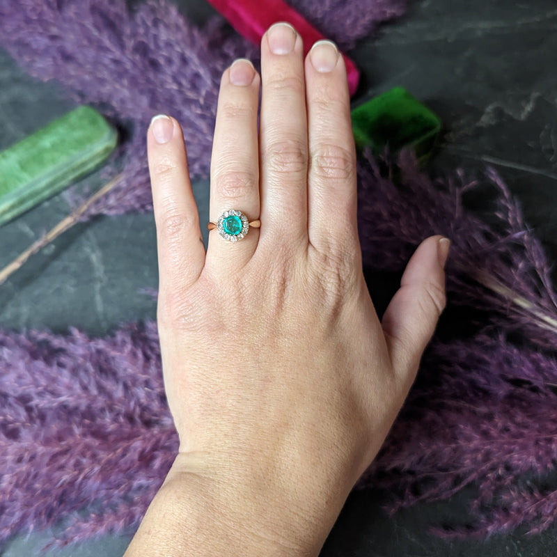 Victorian 1.33 CTW Cushion Cut Emerald Old Mine Cut Diamond 14 Karat Yellow Gold Antique Ring Wilson's Estate Jewelry