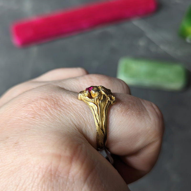 Victorian Emerald Ruby 14 Karat Yellow Gold Lion Grotesque Antique Ring Wilson's Estate Jewelry