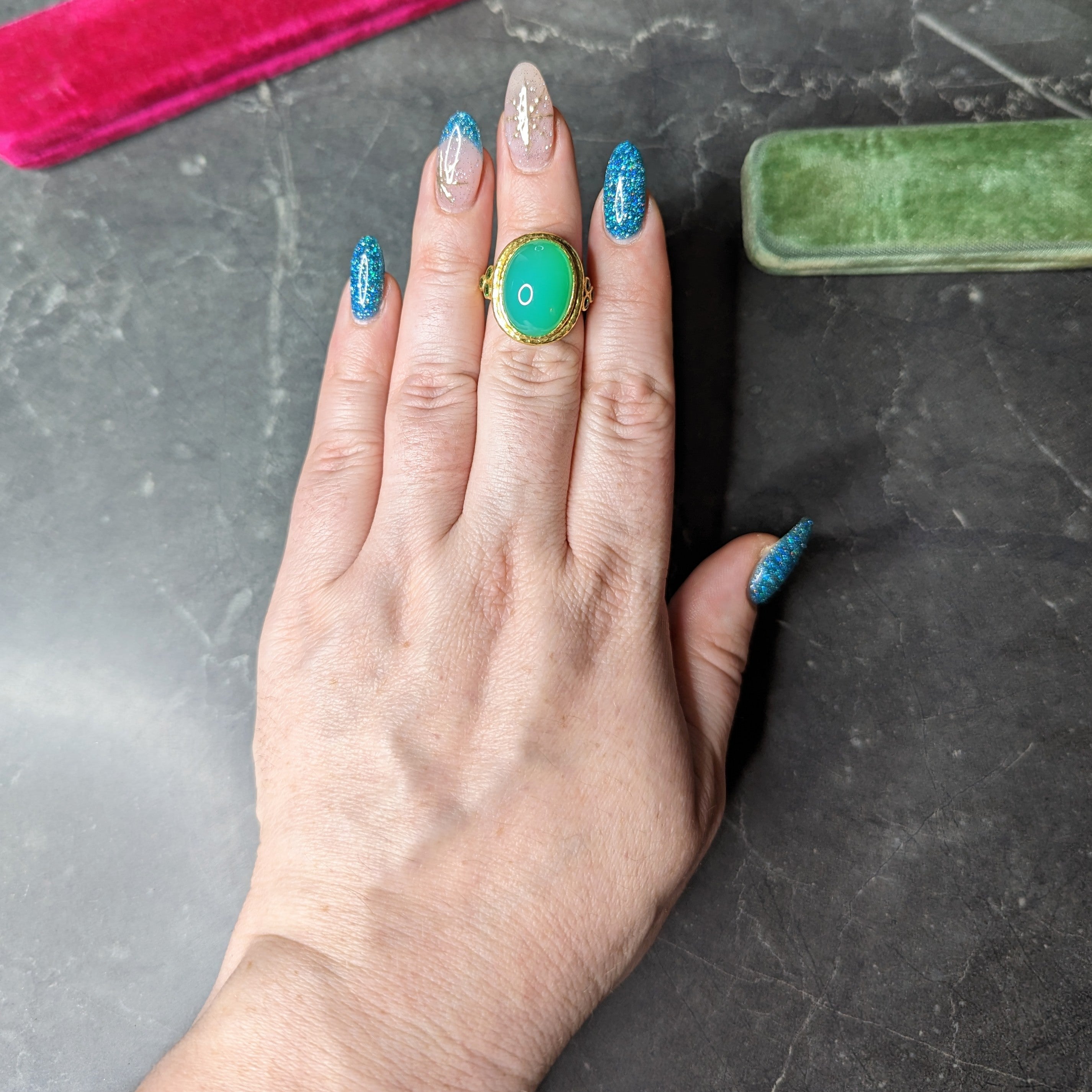 Elizabeth Locke Contemporary Chrysoprase Tsavorite Garnet 19 Karat Yellow Gold Statement Ring Wilson's Estate Jewelry