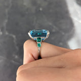 Art Deco Substantial 28.85 CTW Emerald Cut Aquamarine French Cut Emerald Platinum Vintage Cocktail Ring Wilson's Estate Jewelry